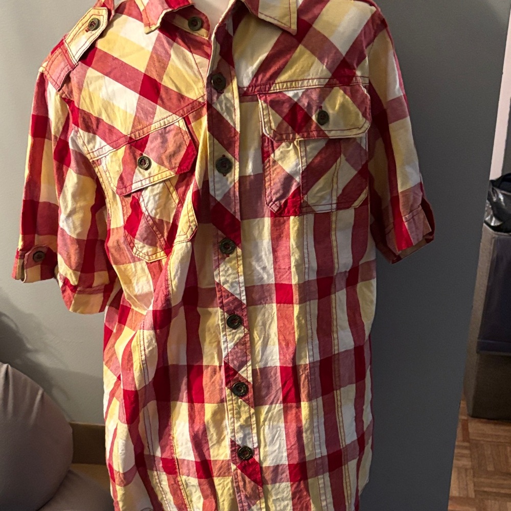 Men's Red and Yellow Plaid Casual Button Down Shirt
